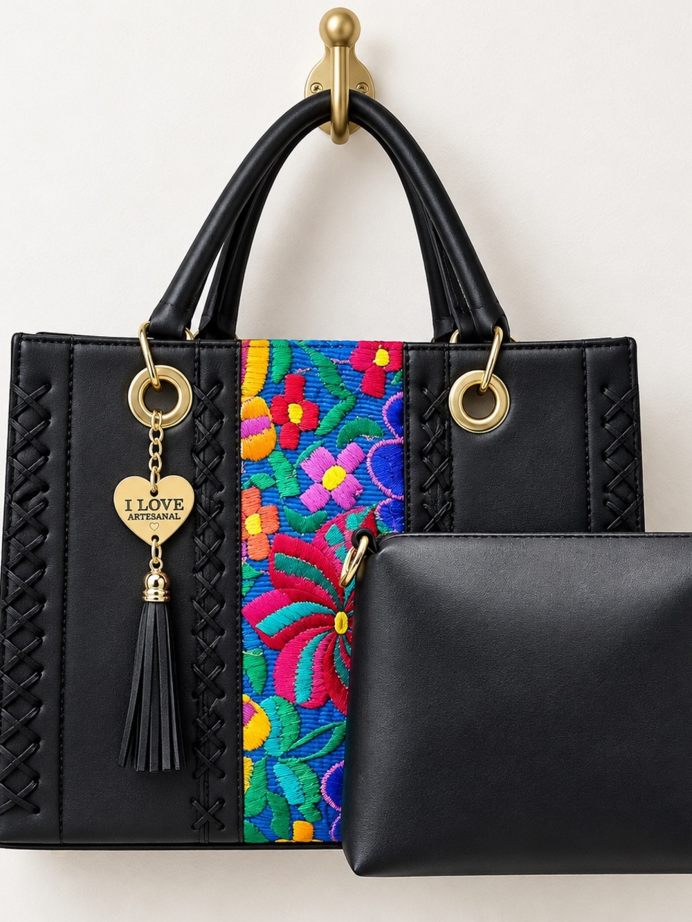 I LOVE Artesanal Black Tote with Colorful Embroidered Panel